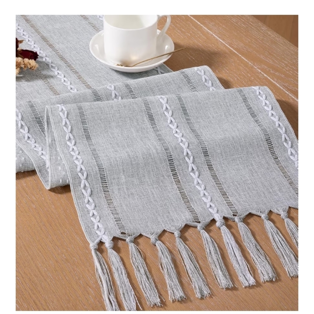 Farmhouse Table Runner Macrame Woven Cotton Rustic Boho Grey/White Tassel 13x72